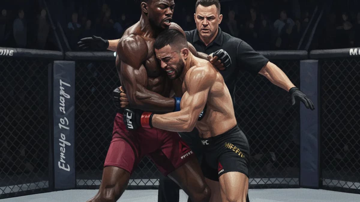 An MMA fighter celebrating inside a lit cage after a title fight