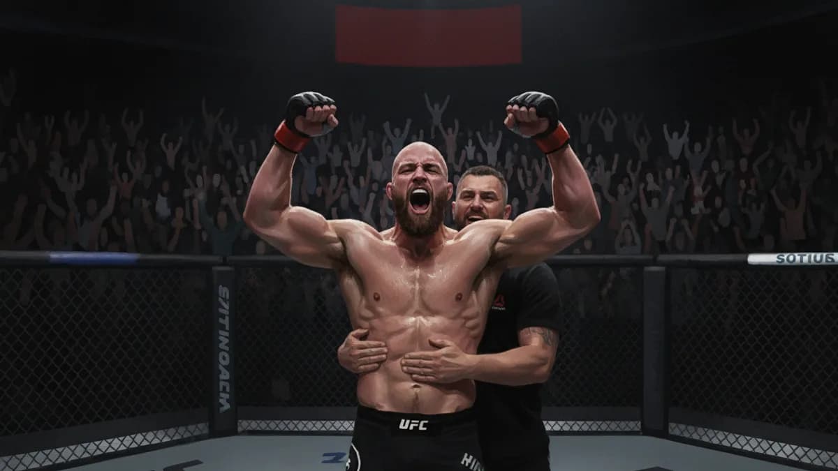 An empty UFC octagon under arena lights ahead of a heavyweight bout