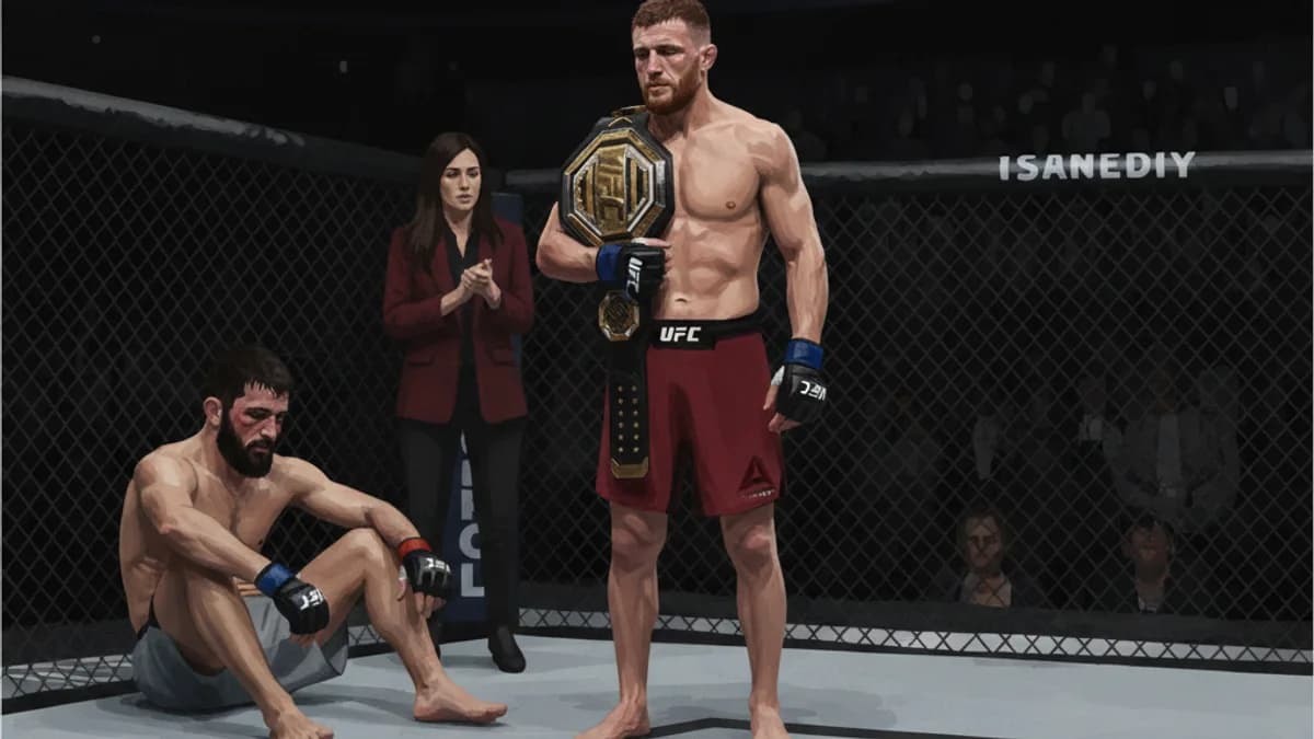 An empty UFC octagon under the arena lights before a lightweight title fight