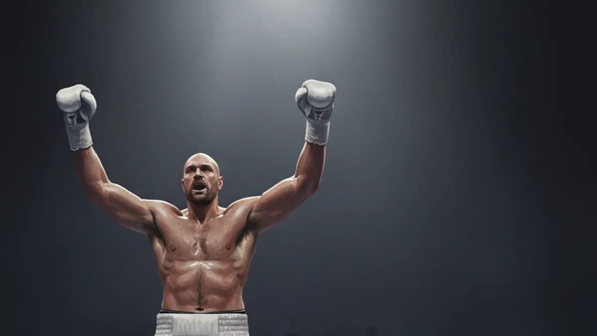 A heavyweight boxer landing a punch in a brightly lit ring