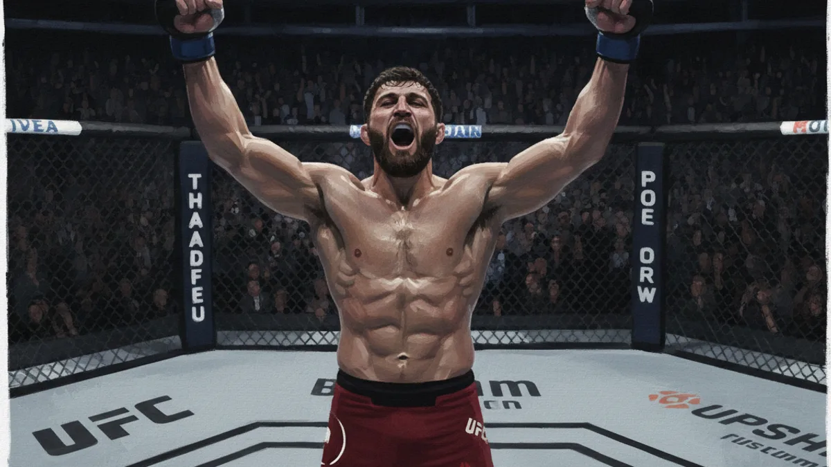 Magomed Ankalaev celebrating a light heavyweight victory inside the Octagon