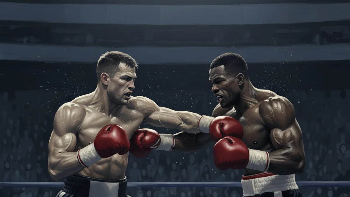 An empty boxing ring lit up under arena lights ahead of fight night