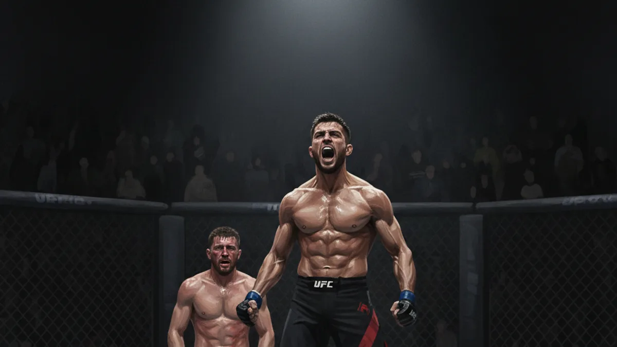 Ramazan Temirov celebrating a knockout victory in the UFC octagon