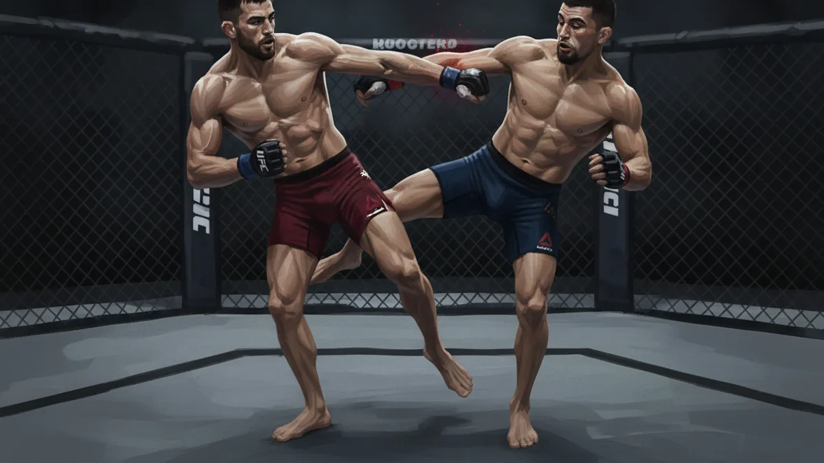 An empty UFC-style octagon cage lit for a flyweight bout