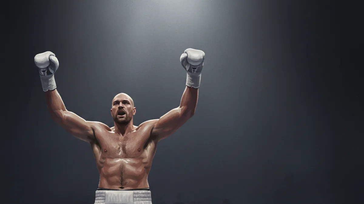 A heavyweight boxer landing a punch in a brightly lit ring